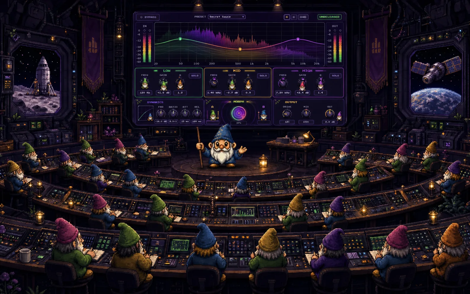 Professor gnome teaching spectral audio to a mission-control room full of student gnomes