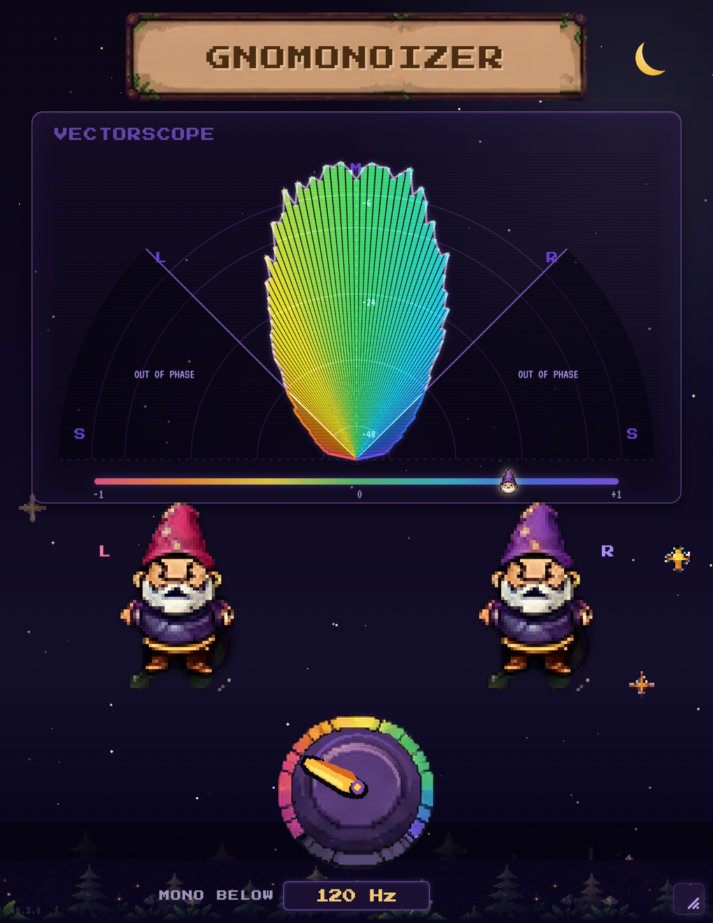 Gnomonoizer interface: vectorscope, correlation meter, the L/R twins and the knob