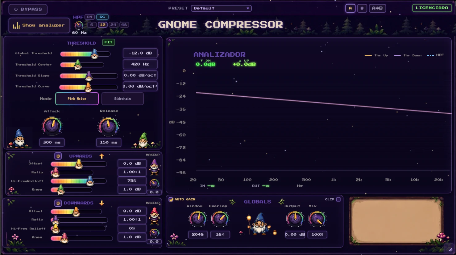 Gnome Compressor plugin interface showing its spectral analyzer and controls